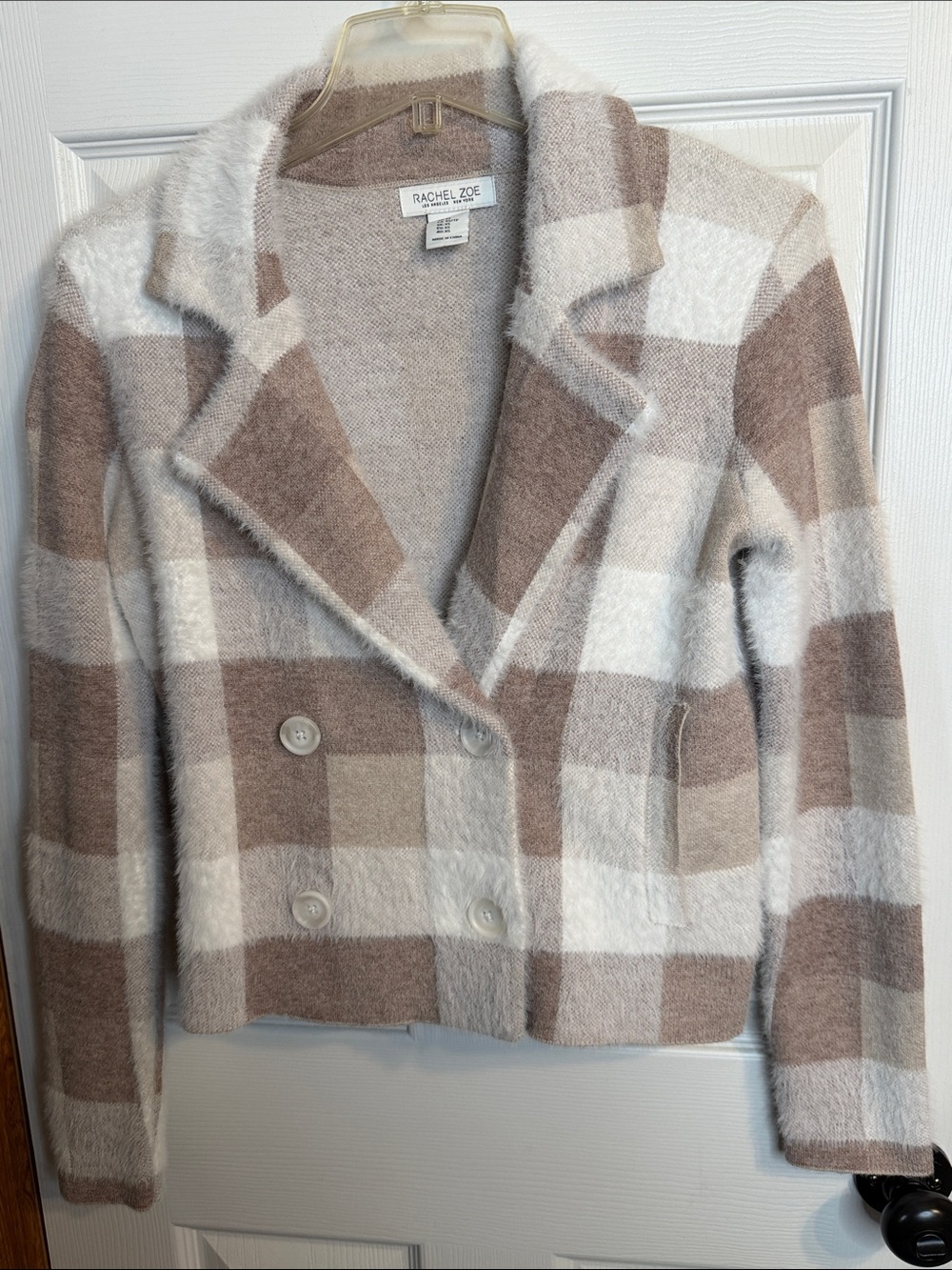 Rachel Zoe Beige & Cream Plaid Double-Breasted Wool Jacket